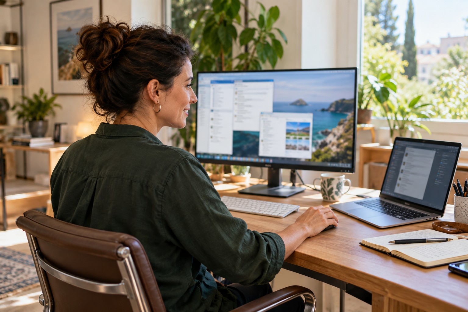 A professional working with two computers in her home office